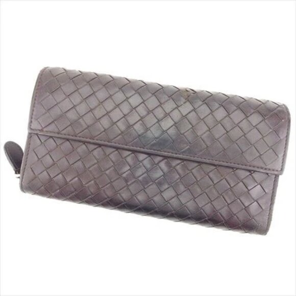 Bottega Veneta Wallet Purse Intrecciato Brown leather Woman Authentic Used